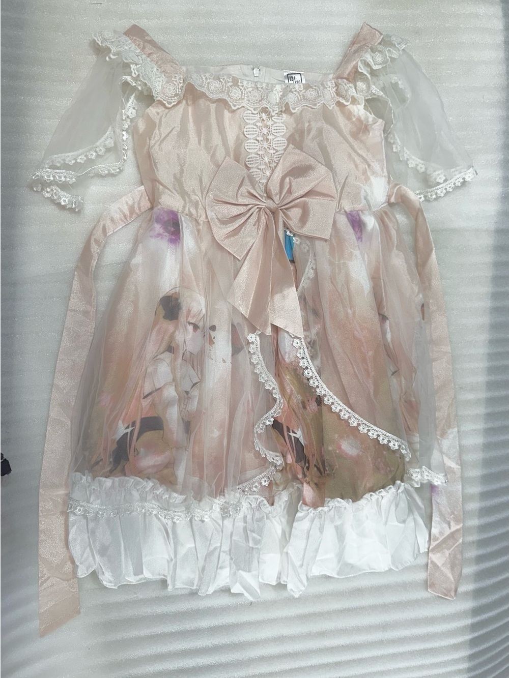 Anime Printed Pink and White Girls' Lace Bow Party Dress